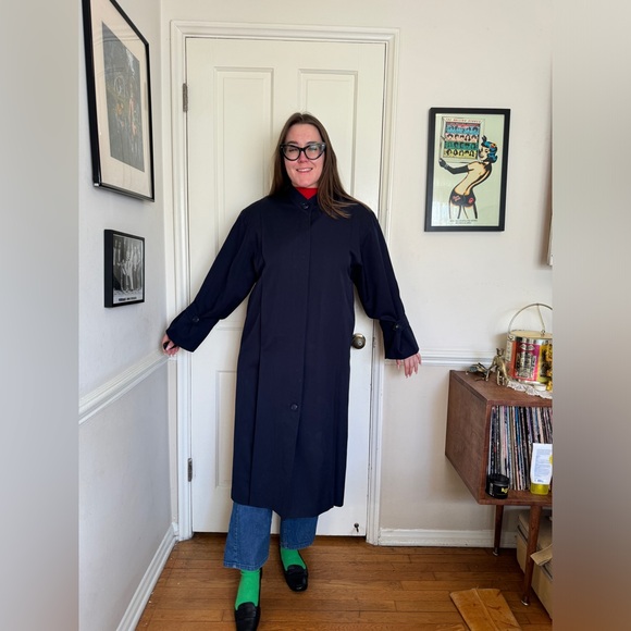 80s Vintage Nina Ricci Navy Blue Wool Trench Style Coat - Picture 2 of 10